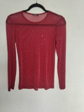 Sexy Cool Sheer Mesh Sparkly Red Layering Top Sz S Long Sleeve Indie Whimsygoth